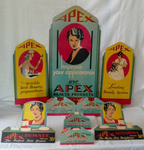 Black Americana APEX Cosmetic Co. Salon Display 1920: The Apex cosmetic company was started by a black woman entrepreneur, Sara Spencer Washington in 1920. This scarce Apex salon / beauty shop advertising display sign is from the early 1920's . Condition
