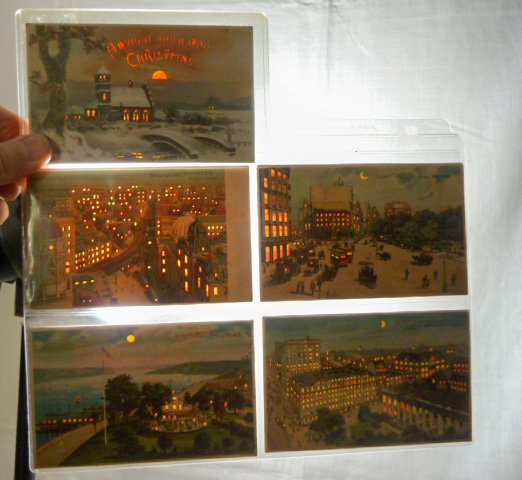 (4) J. Koehler "Hold to Light" Post Cards + One: Rare find : four J.Koehler "Hold to Light" post cards - 1. Bird's Eye View ,Brooklyn N.Y. Fulton St. 1507 L . 2. Madison Square , Broadway & 5th Ave. N.Y. 1513 L. 3. Riverside Park on Hudson River ,N.