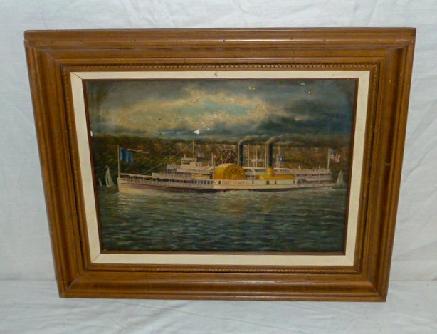 Veronica Nemethy O/C "Mary Powell" Paddle Wheeler: Veronica Nemethy daughter of Albert Nemethy renowned Hudson Valley Family of Painters. Showing a signed oil on canvas of : Mary Powell , Paddle Wheeler . Powerful painting of times long gone. Image me