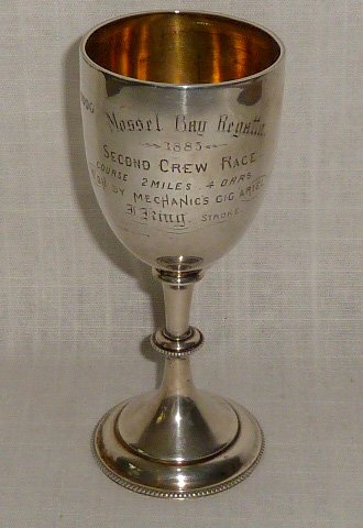 Sterling Trophy Cup "Mossel Bay Regatta 1883": British Sterling Hallmarks : Makers mark Charles Boyton , Standard mark Lion Sterling , City Leopard London , Date Letter H 1883 , Duty mark Queen Victoria . Second crew race ; course 2miles, 4 oars.