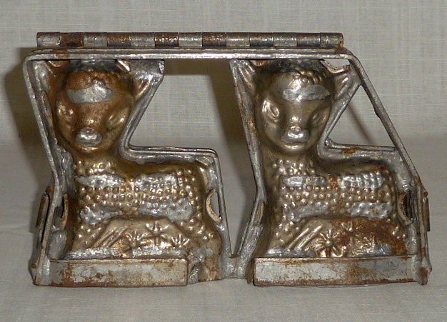 Antique Double Lamb Easter Chocolate Mold Complete: Early Chocolate Mold measures 8 1/2Â” long by 5Â” high. Great image of two full Bodied Baby Lambs . Displays well. Very detailed. Clips present and clean inside. As found estate condition . Plea