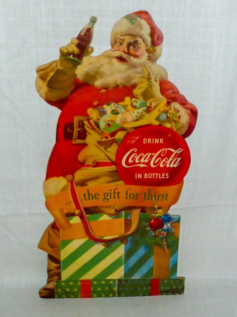 1950 Coca Cola Santa Store Display The Gift For Thirst: Vintage 1950's Coca Cola full body Santa Claus with his bag of toys , 1950's Coke Button prominently shown in advertising Sign. Rare soda fountain counter store display."The Gift For Thirst", Piece is