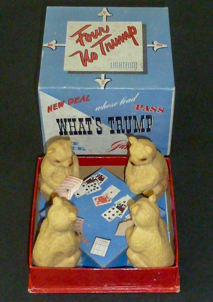 “Four Not Trump” 4 Bears Playing Cards Lightfoot Soap: 1940's , shows four figural bears made of Lightfoot soap sitting around a card table playing cards. Still mint in original colorful display box. Was a wonderful marketing way to get your kids to wash 