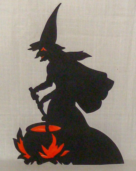 Black Witch Antique Halloween Silhouette Paper Cut: Rare Halloween Black Witch with Cauldron Paper Cut . Very Interesting Piece Of Early Halloween . Witch is Counter Display. Unused and unfolded. Witch Stands 20 1/2” Tall by 14” . Technique was cal