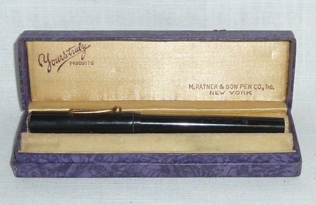 Fountain Pen Yours Truly Original Box 14k Nib: Antique Yours truly Fountain Pen In Original Box. Pen Has a 14kt. Gold 5 .Nib . Barrel is black. Printed on gold tone clip says YoursTruly, Ink Lever also Printed Yours Truly M.R&S ( Stands For M. Rat