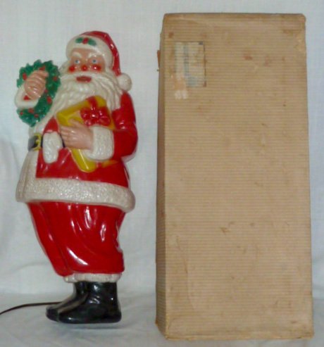 1950 Noma 2½ ft Full Color Illuminated Santa orig Box: From Sears and Roebuck to You in the 1950's . In original display box. Full Colored Plastic Illuminated Santa Claus ready for you 2020 Christmas Display. Outdoor and Indoor use. Original Noma Decal on