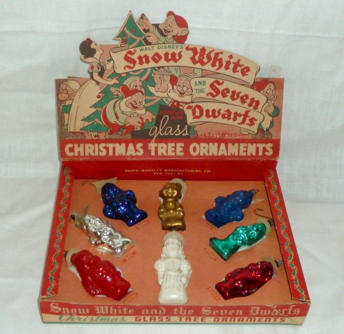 1938 Snow White & 7 Dwarfs Christmas Ornaments w/Box: Rare 1938 Walt Disney's Enterprises Snow White and the Seven Dwarfs , American Made , Glass Christmas Tree Ornaments , by Doubl-Glo Product â€“ Paper Novelty Manufacturing Co. New York, N.Y. in t