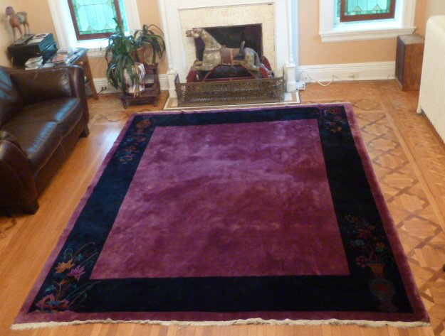 1920's Art Deco Chinese Nichols Handmade Wool Rug: Comes from estate in Forest Hills, New York. Chinese Nichols Wool Super Rug combines that wonderful fabric , with designs and workmanship, placing them in a class by themselves. Matching flowers in ur