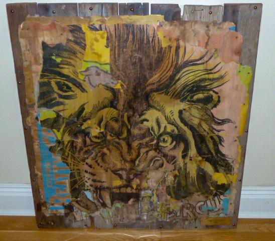 Circus Billboard Art Piece Dated 1964: Conceptional Pop Art work dated 1964 . This piece started its Life as a series of Circus Bills Plastered on of heavy stock fencing and was transformed into a powerful work of art. Work measures 38&rdq