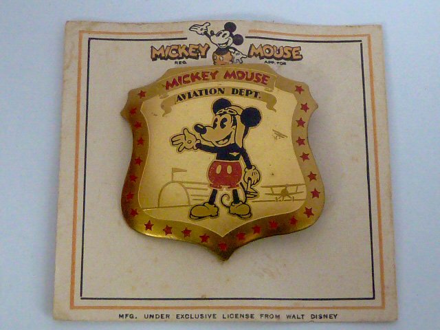 Walt Disney Rarest Mickey Aviation Badge 1932 on Card: Walt Disney Enterprises Rare Scarce Mickey Mouse Aviation Badge Mint On the Original Card. This is a piece of Vintage Early 1932 Walt Disney Merchandise. Badge was part of a very limited Series that W
