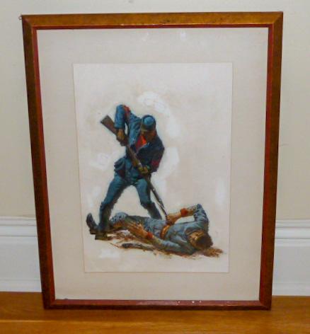 Illustration Art Black Soldier & Confederate Soldier: Illustration Art of a Black Union Soldier (Buffalo Soldier) Stabbing a Confederate Soldier. Measures 18” by 22”. As found estate condition . Please use photos as part of the description. T