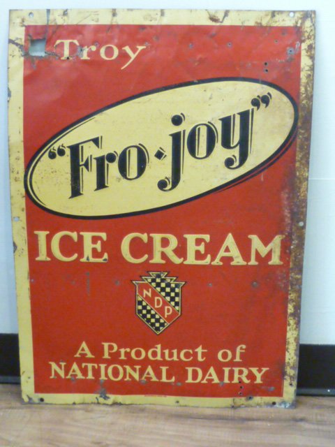 Metal Ice Cream Advertising Sign Fro-Joy Ice Cream 1930: Tin metal sign advertising Fro-Joy ice cream circa 1930's . Colorful Sign is 28” tall by 20” wide. Sign reads "Fro-Joy Ice Cream” , with city of Troy in the upper left. Center has the National D