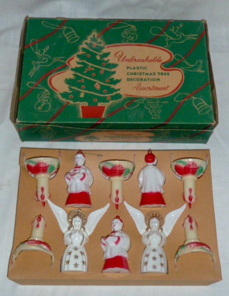 1950's Bradford Christmas Tree 12 Decorations Orig Box: 1950's Bradford Unbreakable Plastic Christmas Tree Decoration Assortment in the original Box. Vintage unused set of twelve ornaments. Two Angels , Two Choir Boys , Two Christmas Candles. Colorful orig