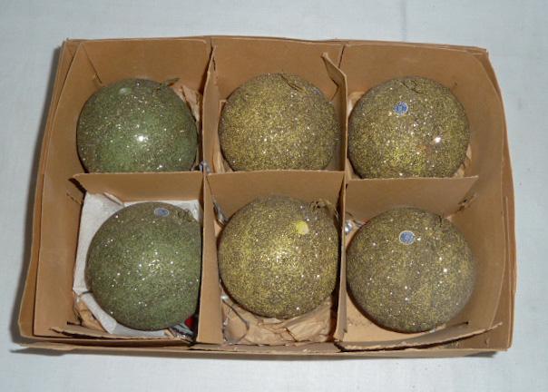 Christmas U.S.Z. Germany 6 Glitter Ornaments Boxed: Complete set of six 3 1/2" Glitter Christmas ornaments from the United States Occupied Germany Zone ( 1945-52) . Has bottom of original box. V