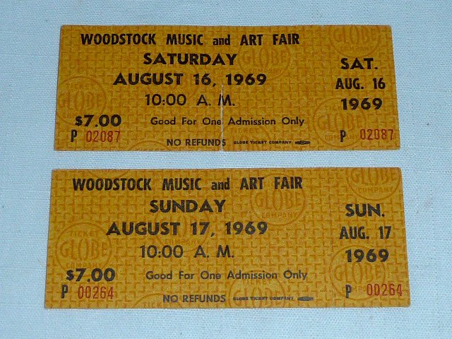 1969 Original Woodstock festival Unused Show Tickets: Authentic 1969 Woodstock Festival Tickets. Woodstock Music And Art Fair 1969 to be exact. There Are two Tickets In this Lot. One Ticket Is For Saturday August 16 , 1969 10:00 AM. This Ticket Is Unused