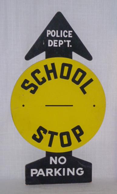 Vintage Police Dept. No Parking School Stop Sign: Police Department No Parking School Stop Sign. Great Original Vintage Heavy Cardboard Sign. Colors Bright and Sharp. 27 “ by 15 “ . As found estate condition . Please use photos as part of