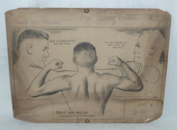 Gene Tunney Original Drawing for Bulletin News 1927: Original pencil drawing of Boxing Champ Gene Tunney (1897 – 1978 ) by Mortice for the Evening Bulletin. In Tunney was heavy weight champ from 1926 to 1928 and he defeated Jack Dempsey in 27'. Th