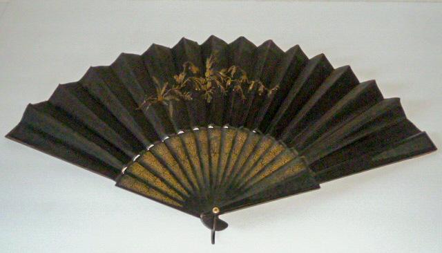 1860's Civil War Ladies Fan Embroidered Steel Spangle: Original Victorian black fabric mourning ladies Fan . This fan is extraordinarily beautiful. It is large measuring 22 “ when fully opened and 12” high . Ebonized wood end paddles with hand etched 