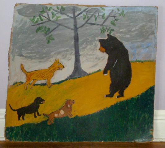 Earl Swanigan Outsider Art Painting “Dogs & Bear": Original Earl Swanigan painting “Dogs & Bear” on board/found masonite . Earl was a fixture of the Art Scene on the streets of Hudson N.Y. His outsider art is widely & popularly known . Signed and 