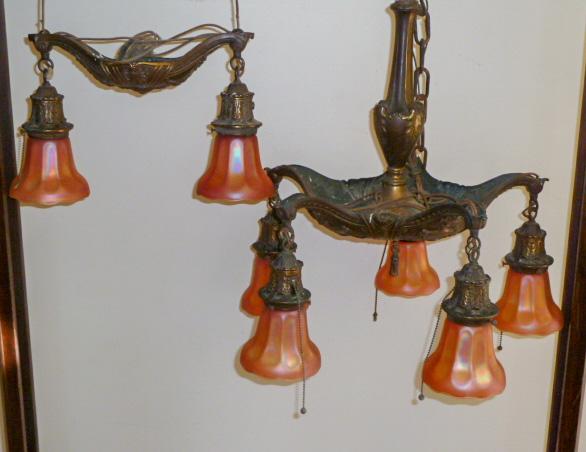 2 NUART Chandeliers from Brooklyn "Matthew" Brownstone: Found Hanging in Brooklyn circa 1917 "Mattew Brownstone" apartment, a five light Nuart Chandelier and matching two light Nuart light fixture. Directly from the estate to you… Body of five light chan