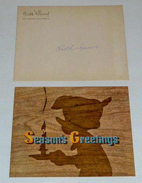 Pinocchio Ruth Ivener Xmas Card Disney Studio Staff: Season's Greetings Christmas card from the Disney studio staff and cast of Pinocchio . Card is in booklet form with classic image of Pinocchio on cover . Inside cover page shows all the facsimile sign
