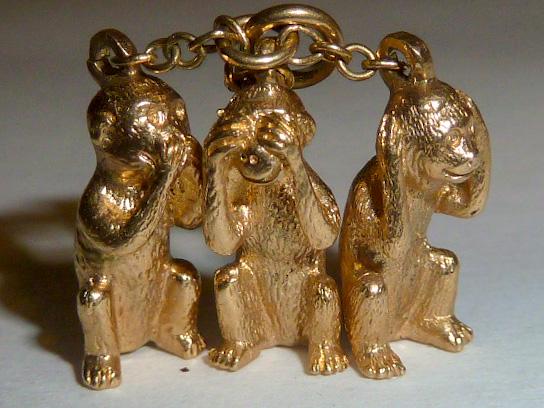 14kt Three Wise Monkeys 3D Movable Articulate Charm: 14kt. Three Wise monkeys hear no evil – speak no evil – see no evil gold charm. Weighs 4.6 dwt. And measures 1/4” by 5/8”. As found estate condition . Please use photos as part