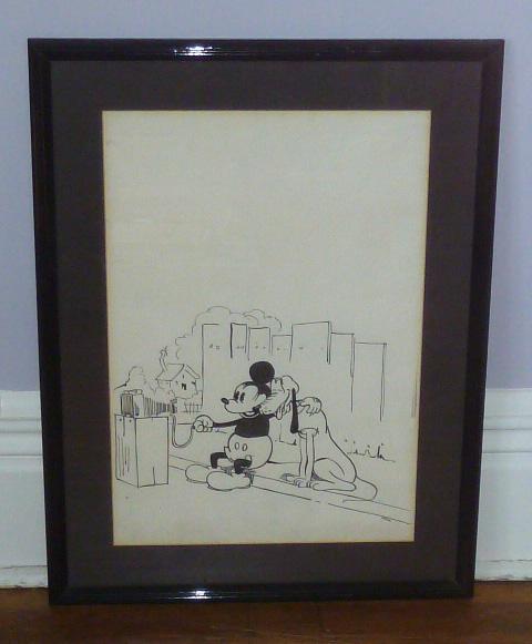 H.Hollander Orig. Pen & Ink Drawing Of Mickey & Pluto: Original Art Work Of Mickey Mouse And Pluto Sitting At The Curb Taking a Picture . Original Pen And Ink Drawing Dates To 1930's . Image Measures 17 by 11 1/2”. Signed H. Hollander At lower Right