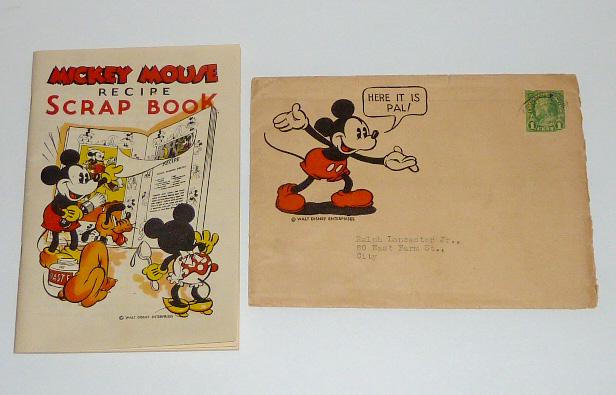 W. D. E . Mickey Recipe Scrap Book with Cards Unused: Mickey Mouse Recipe Scrap Book with Very Rare Mailing Envelope including one cent Franklin stamp. Walt Disney Enterprises 1930 scrap book is unopened and unused . Very Crisp and Clean. Shows Mickey , 