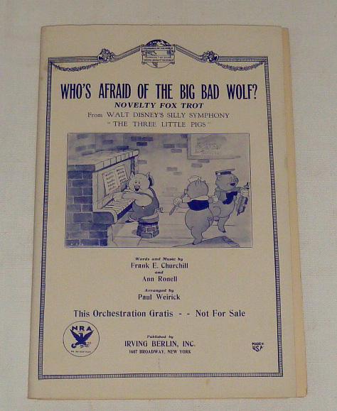 Three Little Pigs 1933 Orchestral Music Arrangement: Who's Afraid of The Big Bad Wolf Orchestra Music Arrangement from Walt Disney's Silly Symphony The Three Little Pigs. Cover Has Fabulous Image Of Classic Three Little Pigs Playing At The Piano. At Low