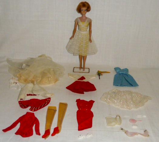 Original 1960's American Barbie Doll w/ Accessories: Vintage American Girl Barbie by Mattel,bendable legs, comes with seven original vintage Barbie outfits: Ice Breaker , Floral Petticoat , Campus Belle , Red Dress with shoes , Blue dress , Bridal dress