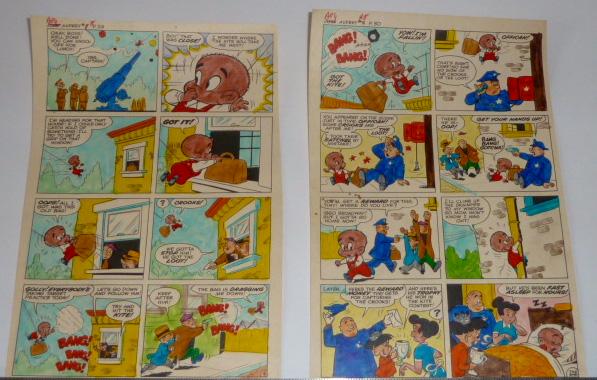 Little Audrey Harvey Comics Tiny Original Color Sheets: Two Original Harvey Comic Color Proof pages #29 and #30 from comic dated Aug issue #8 starring Tiny on his own adventure. Each page measures 10” by 7 “ . Dated on back April 17, 1958 . Lit