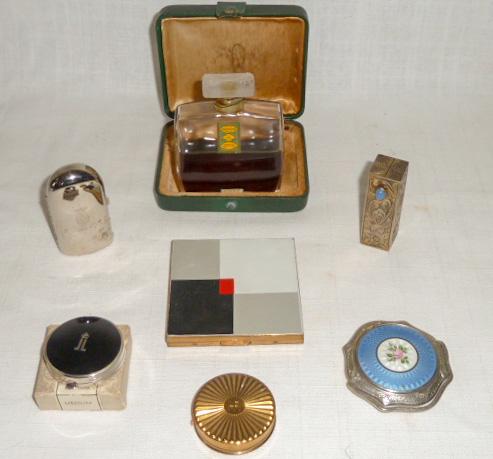 Vintage Antique Cosmetics Compacts and Perfumes 7: Seven Vintage Cosmetics Compacts and Perfumes . 1- Lentheric round Rouge compact Paris France / New York. Dates To the 1930's Art Deco Design In Original Box 1 ½ round. unused. 2 - Coty Emeraude