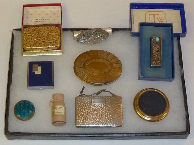 Compacts and Perfumes Vintage Lot of 9 pieces: Vintage Compacts cases Lot Of nine: 1. Silver Filigree Lip Stick Holder with mirror. Florence Italy in Original Box with paperwork. 2. Zell Art Deco purse Compact marked W & H 1924 , With chain. Has R