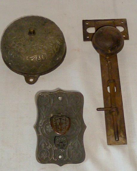Eastlake Lot Of Three Orig Antique Door Bells and Plate: Early 19th Century Original East lake Large Twist Bell. Bell is Ornate and Measures 5” round . Bell Is in original Condition with 100 year old Patina . Also in this lot is an Eastlake Door Handl