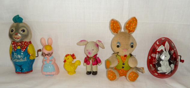 Lot Of Six Vintage Easter Toys: Fun Lot Of Six Vintage Metal , Plastic , Celluloid and Plush Easter Toys. Early Celluloid Rabbit Measures 5” Plastic Bunny Rattle is 6” and Little Chick Measuring 3 1/2”. Large Matte