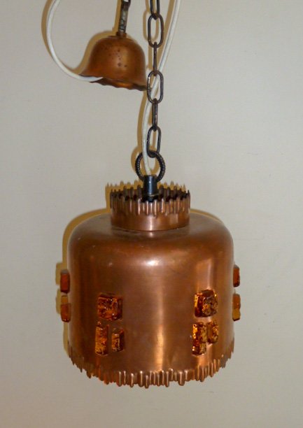 1930's French Hanging Copper & Glass Pendant Light: French copper pendant light with amber glass insert from the 1930's measures 8" across and 9" tall.Has the original copper canopy. As found estate condition. Please use photos as part of the descripti