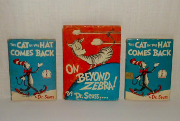 Dr. Seuss "On Beyond Zebra" Beginner Books + 2 Others: Three Dr. Seuss Books. On Beyond Zebra with dust/book jacket 1955. Published by Random House New York, First edition. Also in this Lot Two copies of The Cat In The Hat Comes Back. Both Have Book Jacke