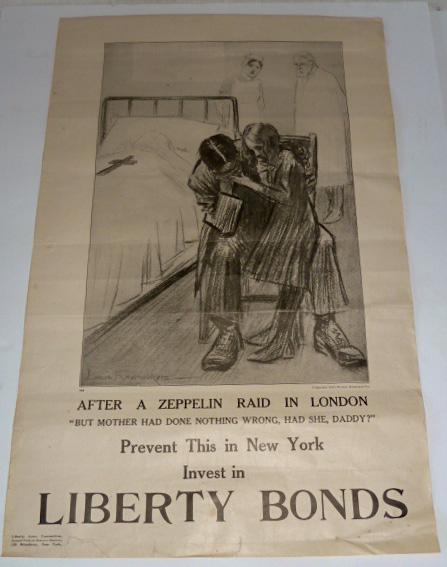 Louis Raemaekers WWI Zeppelin Raid Poster Liberty Bonds: WWI Poster for U. S Liberty Bonds. Disturbing Image of a child with her devastated Father sitting by an empty hospital bed . Caption reads : After a Zeppelin Raid In London â€œ But Mother Had Done