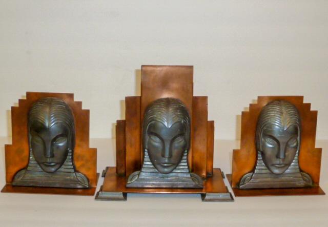 Art Deco - Rodden - Copper & Pewter Bookends & Light: Art Deco / Egyptian Revival copper and pewter bookends and light , signed Rodden 1934 . Face is a stylized and very exotic woman . This three piece set will be the center piece of any collectionâ€�