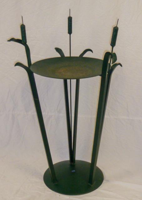Artist Made/Signed Wrought Iron Triple Cattail Birdbath: One of a kind , custom made triple cattail bird bath for your garden . Artist signature and date cut into the bottom iron plate. Dimensions: 43" tall by 18". As found estate condition . Please use pho