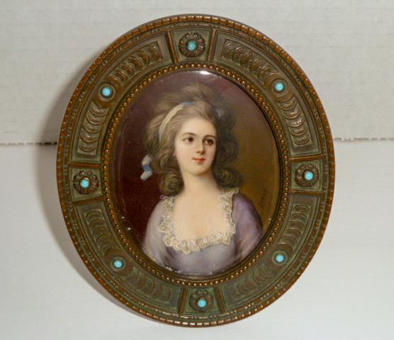 19th C. Miniature Portrait Painting Bronze Frame Signed (1 of 7)