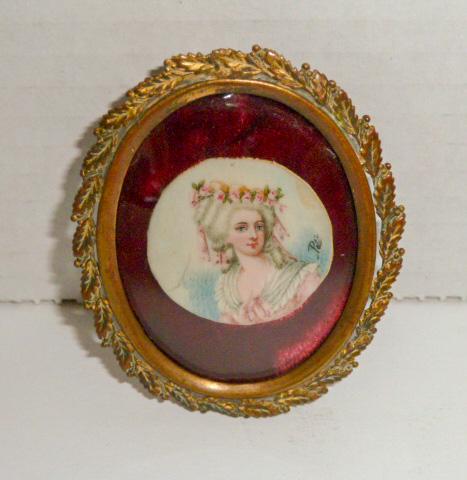19th C. Miniature Portrait Painting Bronze Frame Signed (1 of 4)