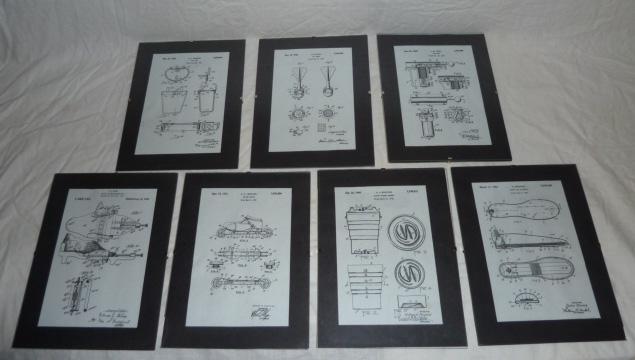 Prints of Seven Early Patents Drawings 1918 to 1963: Prints from early Patent applications . Dates are from 1918 thru 1963. These are all framed and of equal size measuring 5” by 7 1/2” and 7” by 9 1/2” with Frame . Great graphic