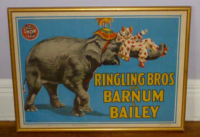 1945 Ringling Bros. & Barnum & Bailey Circus Poster: Vintage 1945 Ringling Bros. & Barnum & Bailey Circus Poster. Jumbo the Elephant holding a cown in his trunk. Signed Bill Bailey in the lower left. The Greatest Show on Earth. Litho in U.S.A. , Poster 