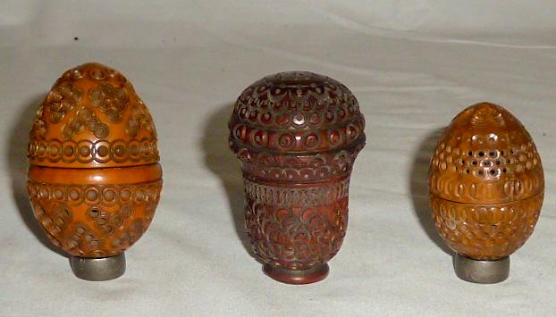 1800's Antique Hand Carved Treens three in lot: Victorian period ( 1837 -1901 ) Treens or containers . All three are Beautifully hand Carved from Coquilla wood and screw top to bottom , first measures 2 1/2" high by 1 1/2" and is Mushroom Shaped Va