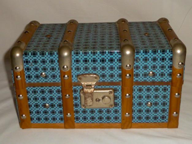 Antique Metal & Wood Doll Trunk - Wallpaper Interior (1 of 6)