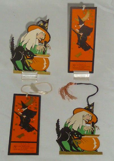Vintage Halloween Tally Cards with Tassels Set of Four: Halloween Tally cards vintage 1950's . Lot of four cards , two made by Gibson and two by Rust Craft Boston . One pair is die cut Witch and her black Cat at cauldron . Card is cut out measuring 4&rdquo