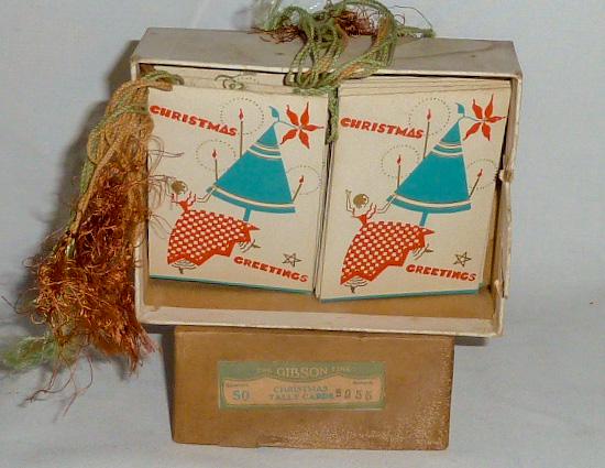 Mid Century Modern Christmas Tally Cards in Original: Vintage Christmas Tally cards from the 1950's by the Gibson card Company. There are 19 new old stock cards with original tassels in the original box, Christmas Greetings . Graphics are pure 1950&rdquo