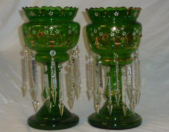 Pr Bohemian Green Glass Lusters w/Prisms (1 of 5)