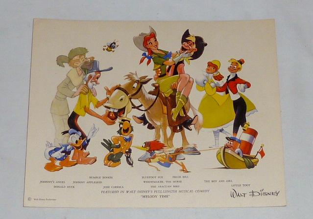 Disney Studio Fan Card "Melody Time" Full Length Musical: 1948 Walt Disney Studio Fan Card . Front features full color illustration with title : Melody Time, Featured in Walt Disney's full length Musical Comedy . Pictures majority of the main animated charac